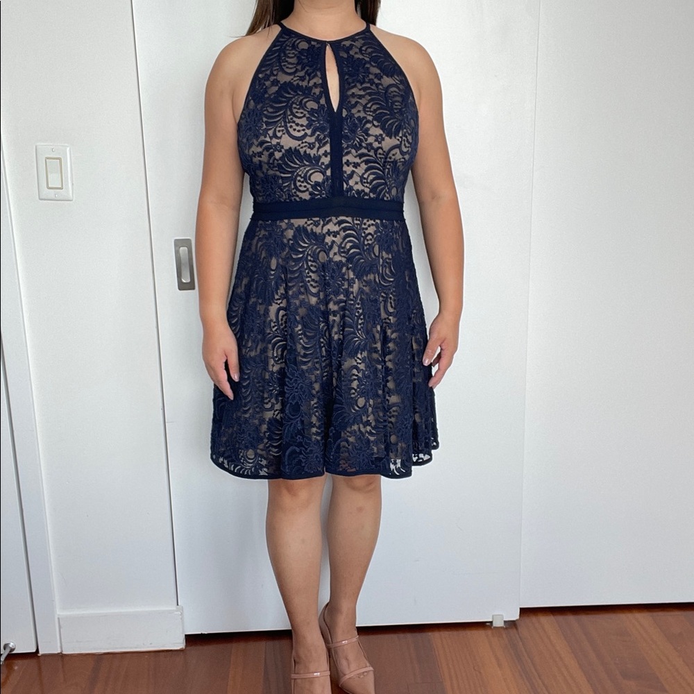 Avery G Navy Halter Fit and Flare Dress